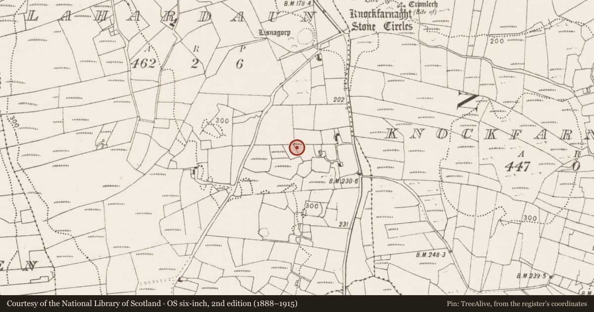 Ordnance Survey six-inch map, 2nd edition (1888–1915) covering the location of Ringfort - rath, Lahardaun, County Mayo, with a pin at the register's coordinates