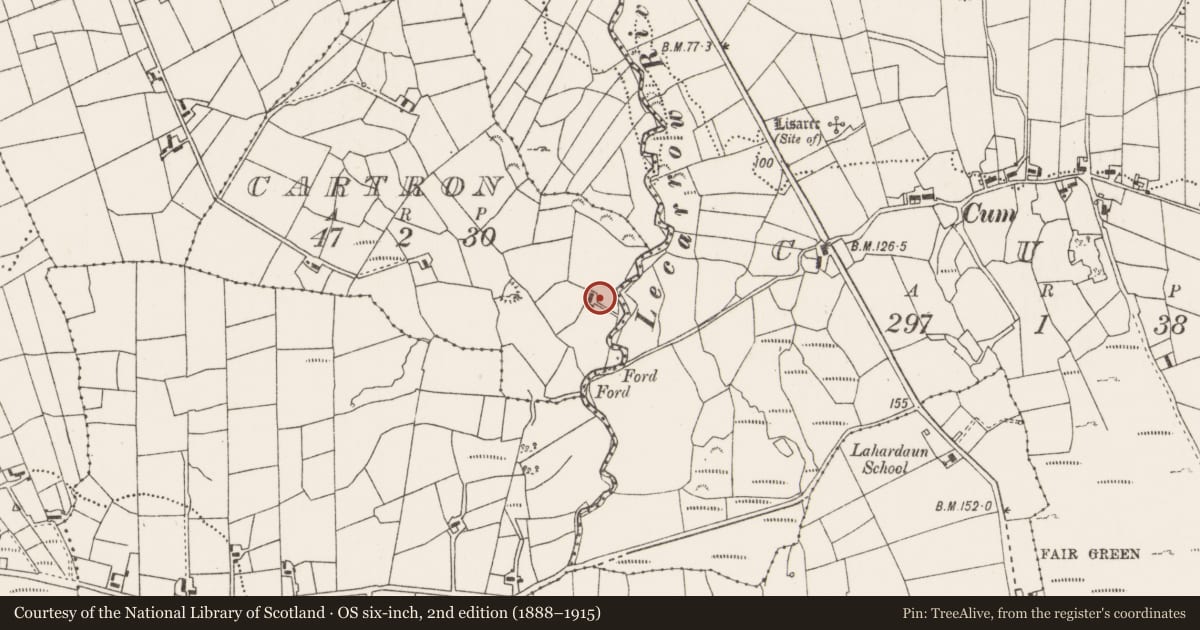 Ordnance Survey six-inch map, 2nd edition (1888–1915) covering the location of Standing stone, Cartron, County Mayo, with a pin at the register's coordinates