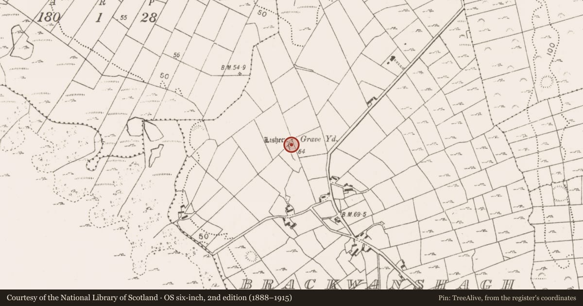 Ordnance Survey six-inch map, 2nd edition (1888–1915) covering the location of Children's burial ground, Brackwanshagh, County Mayo, with a pin at the register's coordinates
