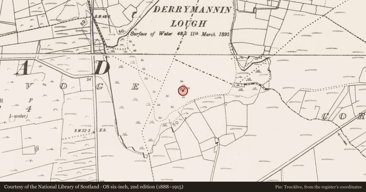 Ordnance Survey six-inch map, 2nd edition (1888–1915) covering the location of Crannog, Ballyhanruck, County Mayo, with a pin at the register's coordinates