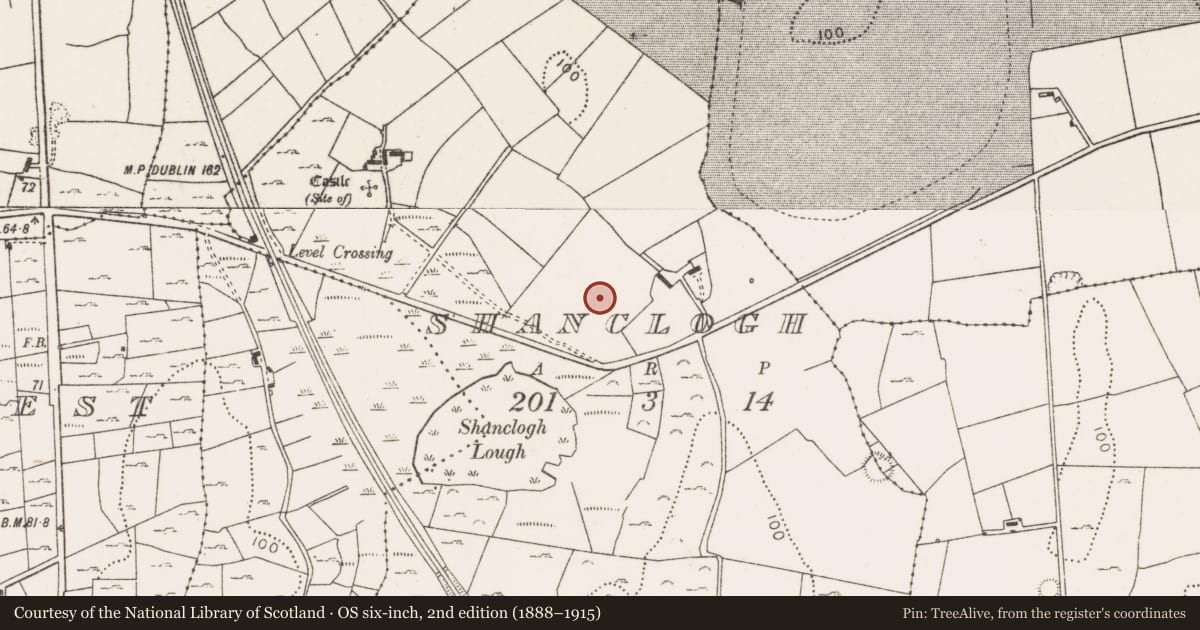Ordnance Survey six-inch map, 2nd edition (1888–1915) covering the location of Enclosure, Shanclogh, County Mayo, with a pin at the register's coordinates