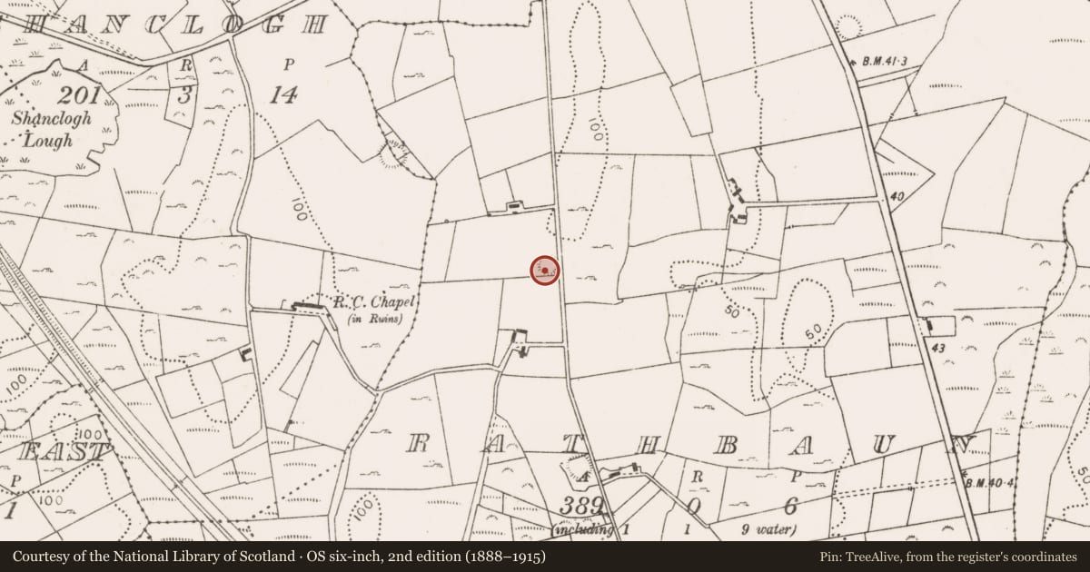 Ordnance Survey six-inch map, 2nd edition (1888–1915) covering the location of Ringfort - rath, Rathbaun (Tirawley By., Ballynahaglish Par.), County Mayo, with a pin at the register's coordinates