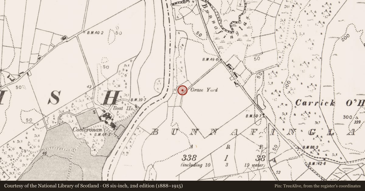 Ordnance Survey six-inch map, 2nd edition (1888–1915) covering the location of Burial ground, Bunnafinglas, County Mayo, with a pin at the register's coordinates
