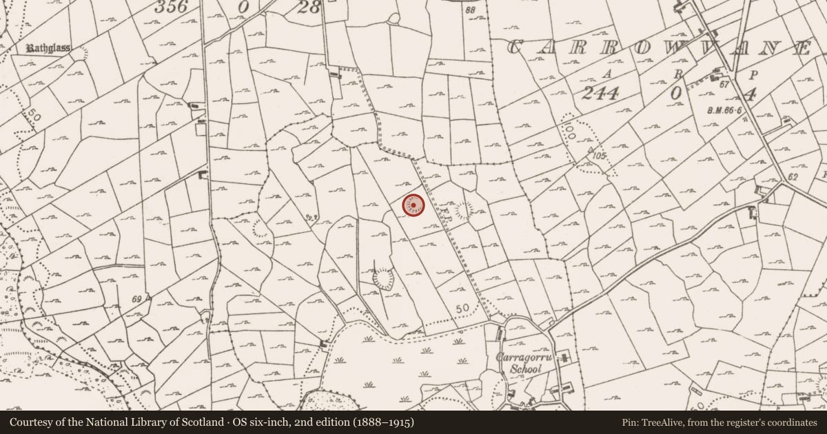 Ordnance Survey six-inch map, 2nd edition (1888–1915) covering the location of Enclosure, Carrowgarve, County Mayo, with a pin at the register's coordinates