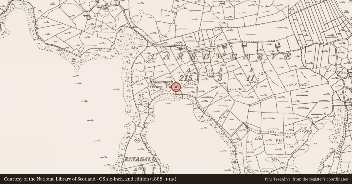 Ordnance Survey six-inch map, 2nd edition (1888–1915) covering the location of Children's burial ground, Carrowgarve, County Mayo, with a pin at the register's coordinates