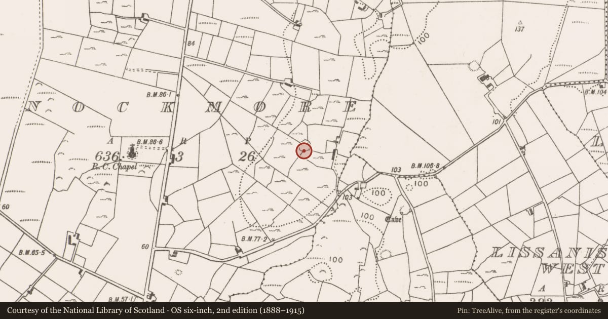 Ordnance Survey six-inch map, 2nd edition (1888–1915) covering the location of Ringfort - rath, Knockmore, County Mayo, with a pin at the register's coordinates