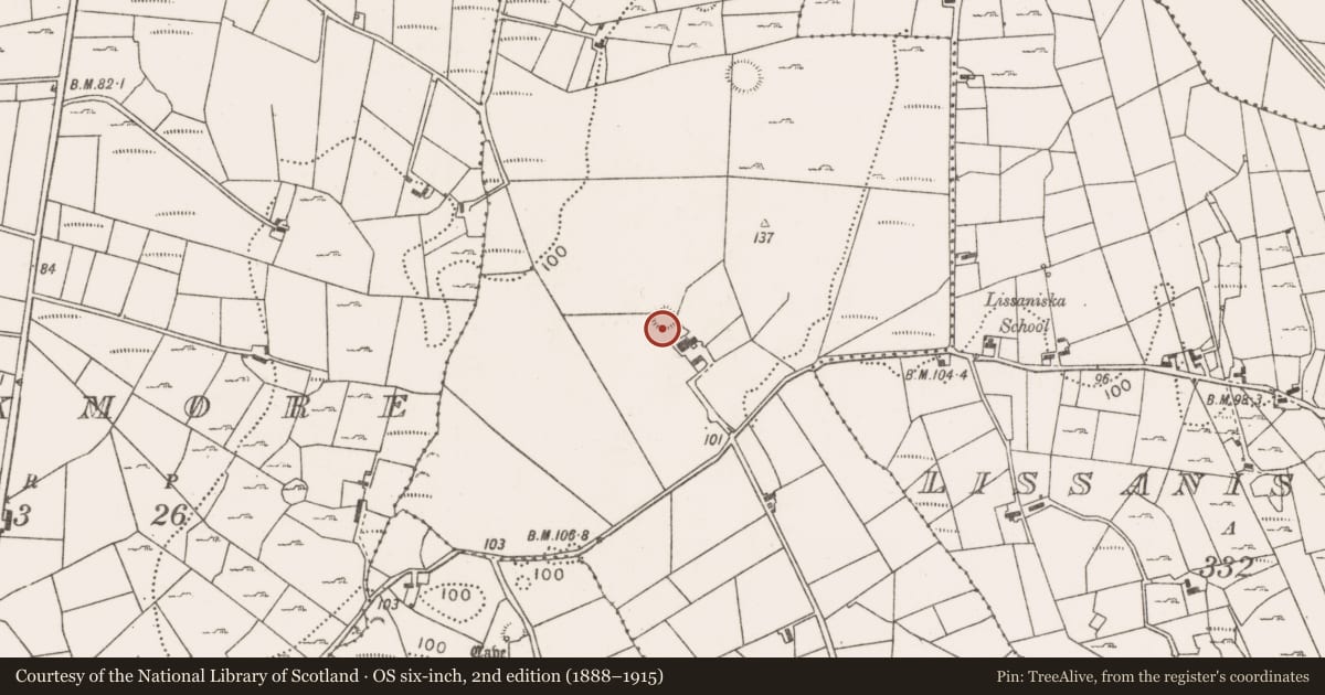 Ordnance Survey six-inch map, 2nd edition (1888–1915) covering the location of Ringfort - rath, Lissaniska West, County Mayo, with a pin at the register's coordinates
