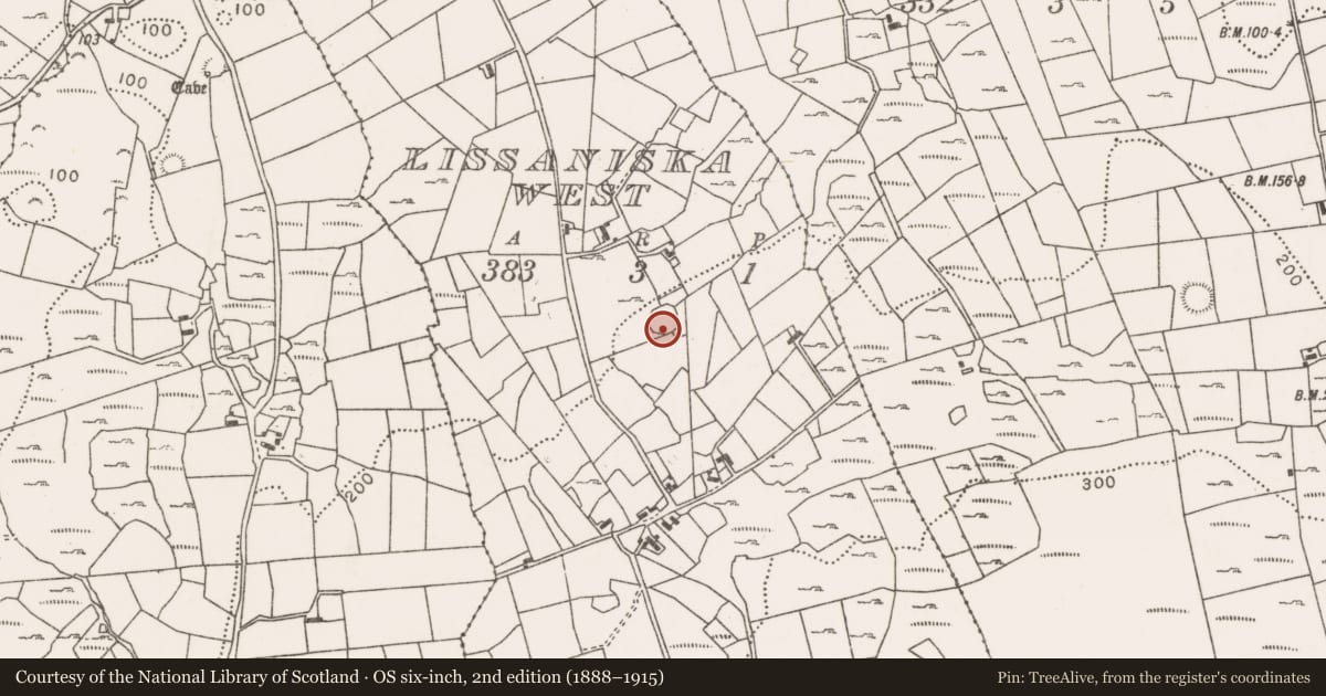 Ordnance Survey six-inch map, 2nd edition (1888–1915) covering the location of Ringfort - rath, Lissaniska West, County Mayo, with a pin at the register's coordinates