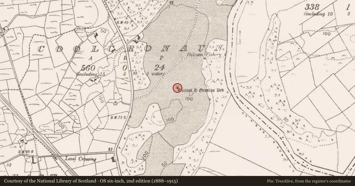 Ordnance Survey six-inch map, 2nd edition (1888–1915) covering the location of Megalithic tomb - court tomb, Coolcronaun, County Mayo, with a pin at the register's coordinates