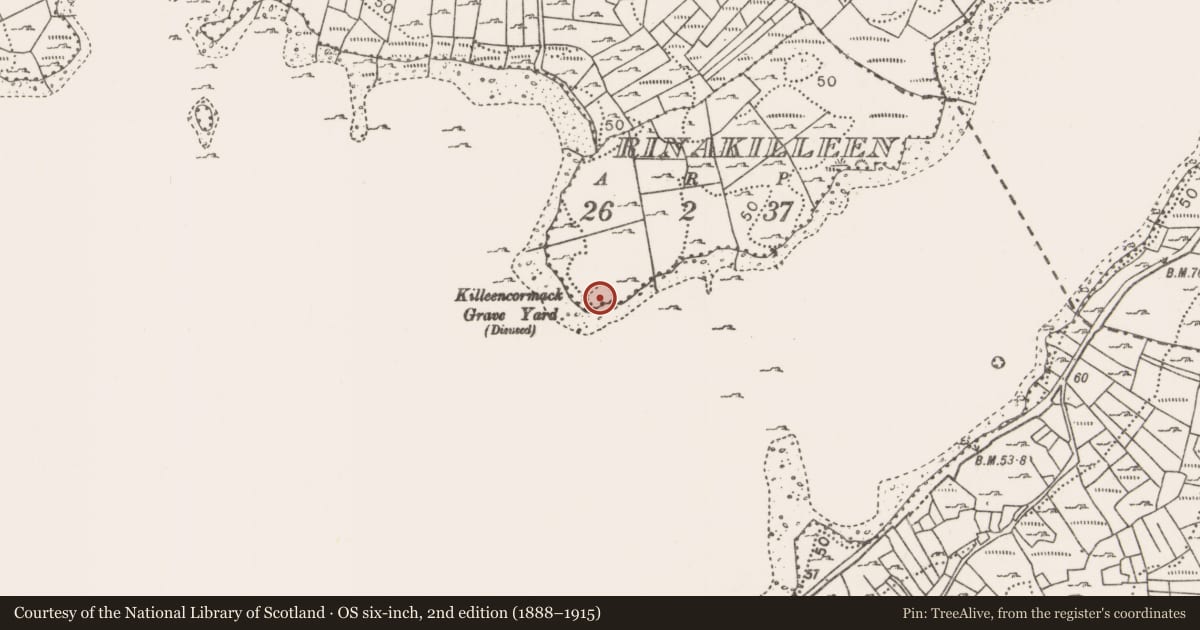 Ordnance Survey six-inch map, 2nd edition (1888–1915) covering the location of Church, Rinakilleen, County Mayo, with a pin at the register's coordinates