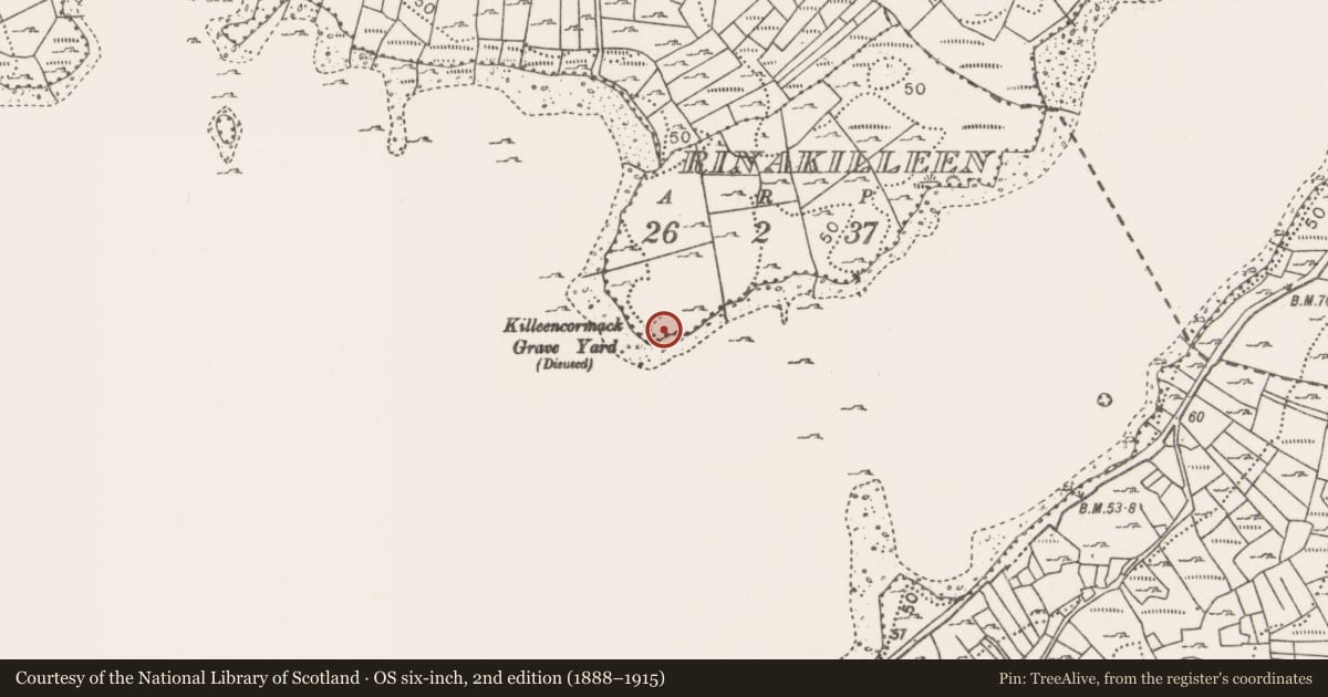 Ordnance Survey six-inch map, 2nd edition (1888–1915) covering the location of Children's burial ground, Rinakilleen, County Mayo, with a pin at the register's coordinates