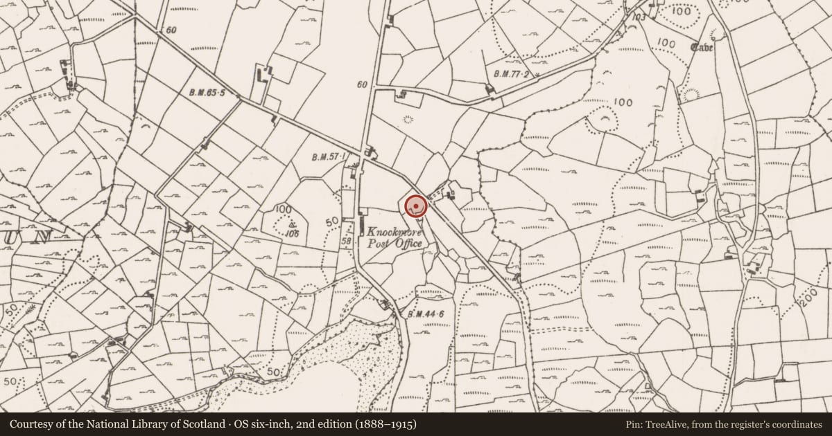 Ordnance Survey six-inch map, 2nd edition (1888–1915) covering the location of Fulacht fia, Knockmore, County Mayo, with a pin at the register's coordinates