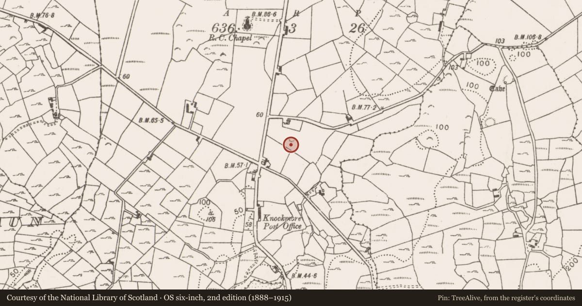 Ordnance Survey six-inch map, 2nd edition (1888–1915) covering the location of Earthwork, Knockmore, County Mayo, with a pin at the register's coordinates