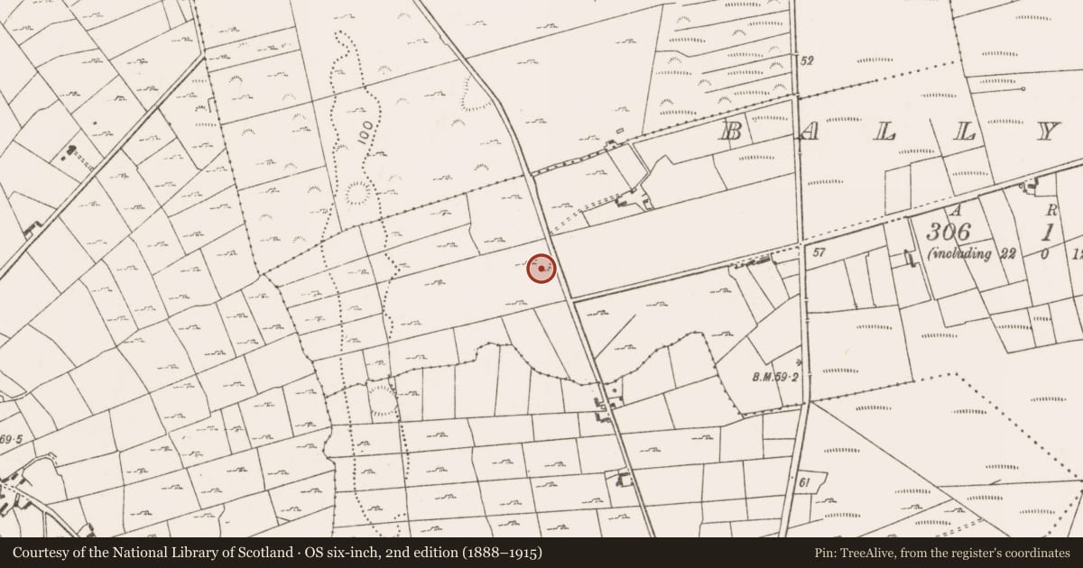 Ordnance Survey six-inch map, 2nd edition (1888–1915) covering the location of Enclosure, Ballyhanruck, County Mayo, with a pin at the register's coordinates