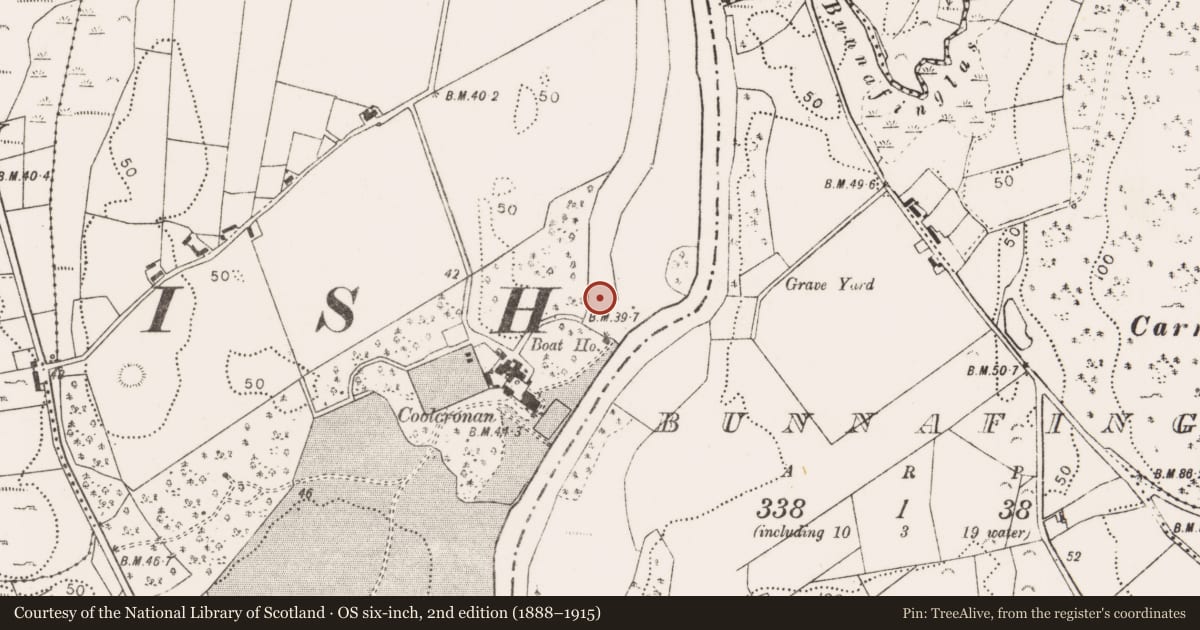 Ordnance Survey six-inch map, 2nd edition (1888–1915) covering the location of Standing stone, Coolcronaun, County Mayo, with a pin at the register's coordinates