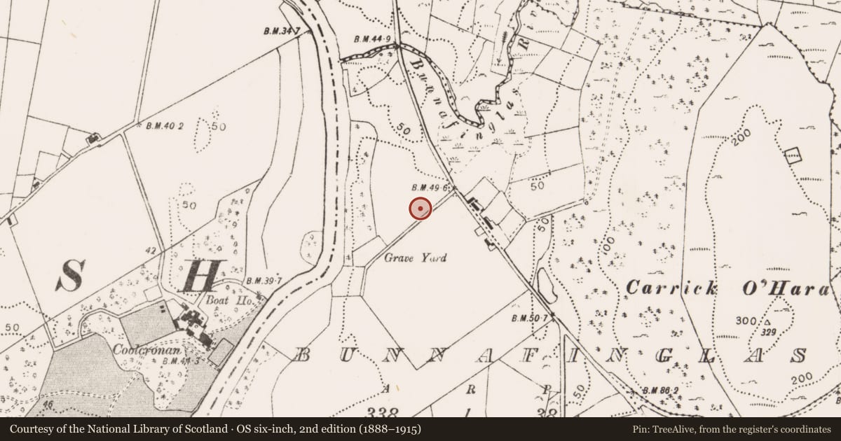 Ordnance Survey six-inch map, 2nd edition (1888–1915) covering the location of Standing stone, Bunnafinglas, County Mayo, with a pin at the register's coordinates