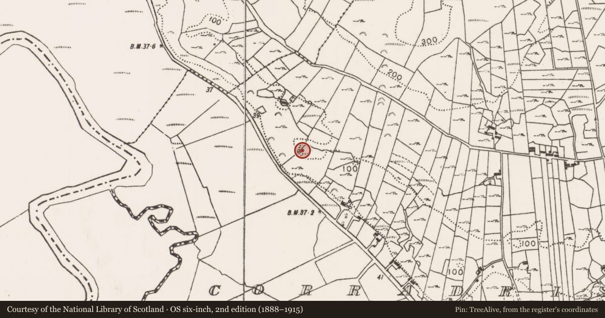 Ordnance Survey six-inch map, 2nd edition (1888–1915) covering the location of Enclosure, Corradrishy, County Mayo, with a pin at the register's coordinates