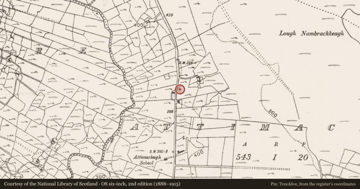 Ordnance Survey six-inch map, 2nd edition (1888–1915) covering the location of Ringfort - rath, Attimachugh, County Mayo, with a pin at the register's coordinates
