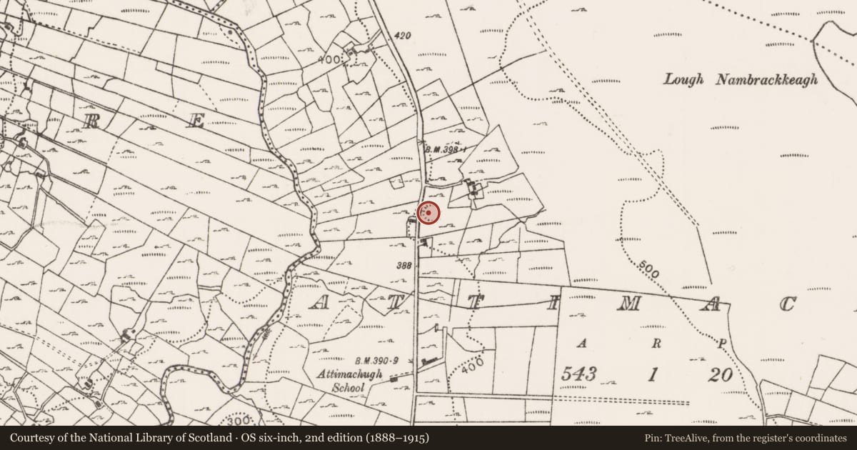 Ordnance Survey six-inch map, 2nd edition (1888–1915) covering the location of House - indeterminate date, Attimachugh, County Mayo, with a pin at the register's coordinates