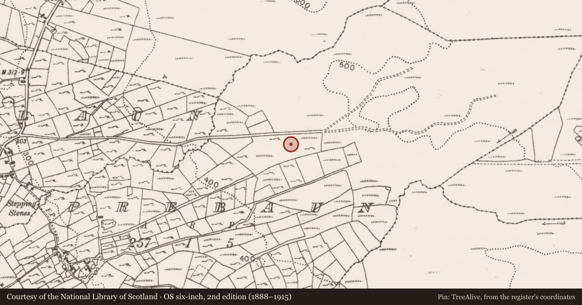Ordnance Survey six-inch map, 2nd edition (1888–1915) covering the location of Enclosure, Prebaun, County Mayo, with a pin at the register's coordinates