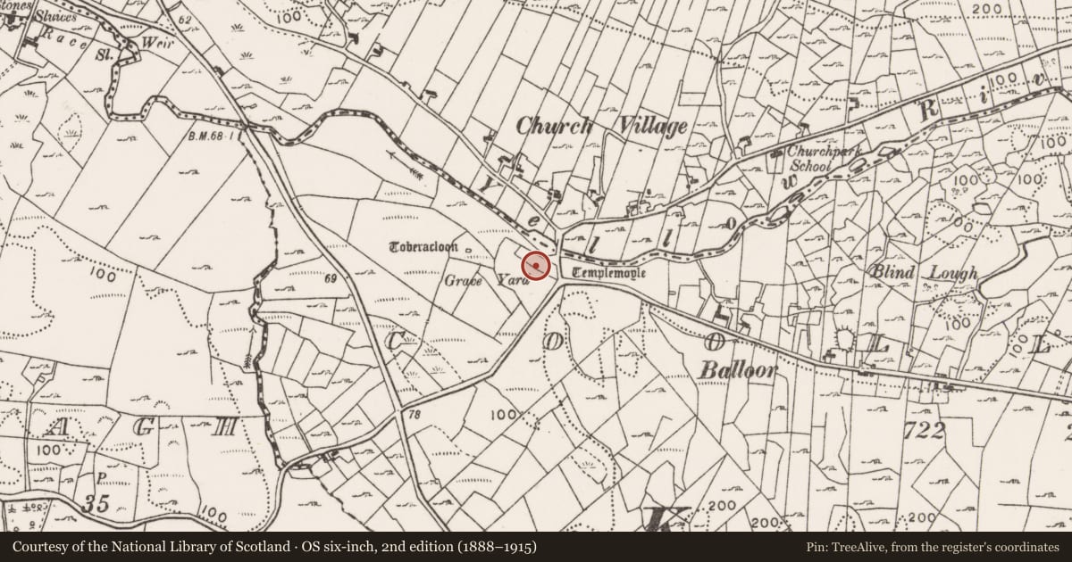 Ordnance Survey six-inch map, 2nd edition (1888–1915) covering the location of Burial ground, Coollagagh, County Mayo, with a pin at the register's coordinates