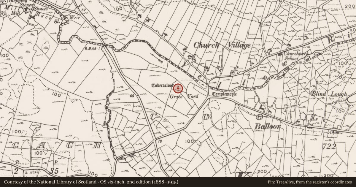 Ordnance Survey six-inch map, 2nd edition (1888–1915) covering the location of Ritual site - holy well, Coollagagh, County Mayo, with a pin at the register's coordinates