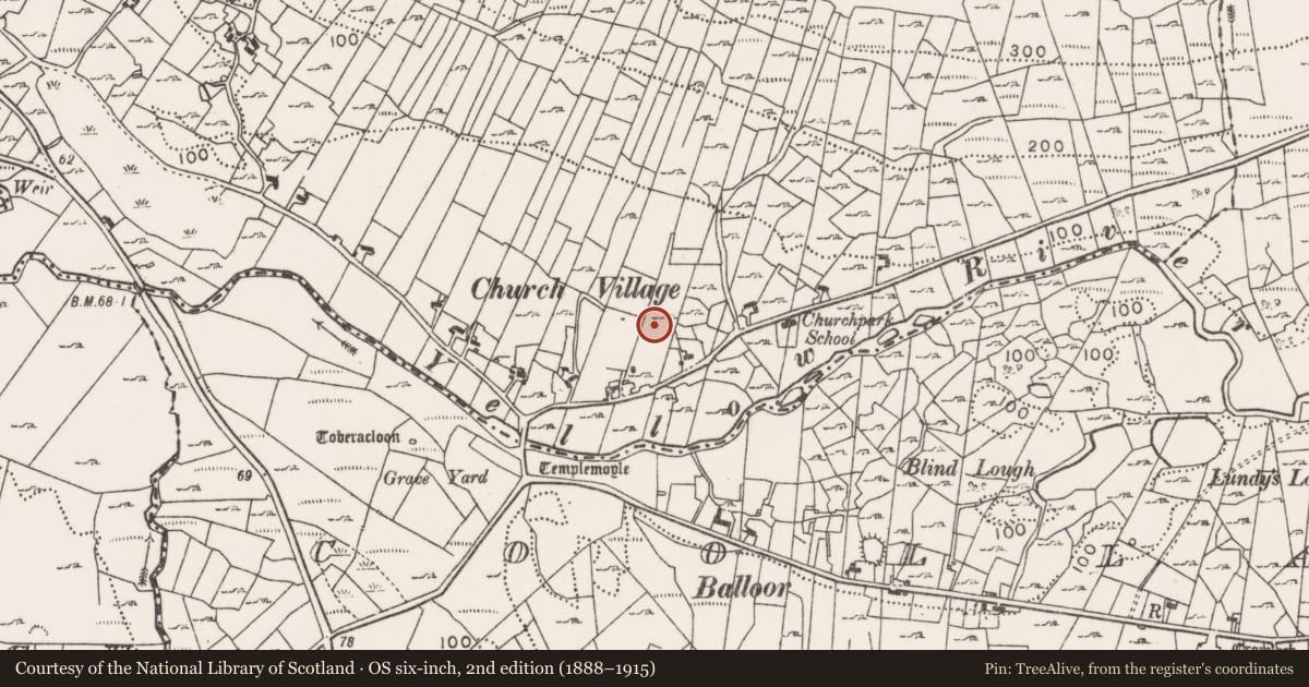 Ordnance Survey six-inch map, 2nd edition (1888–1915) covering the location of Earthwork, Boherhallagh, County Mayo, with a pin at the register's coordinates