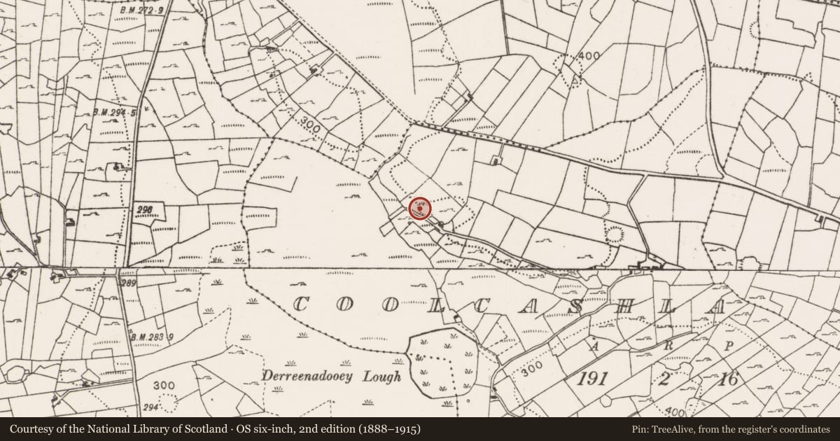 Ordnance Survey six-inch map, 2nd edition (1888–1915) covering the location of Ringfort - cashel, Coolcashla, County Mayo, with a pin at the register's coordinates