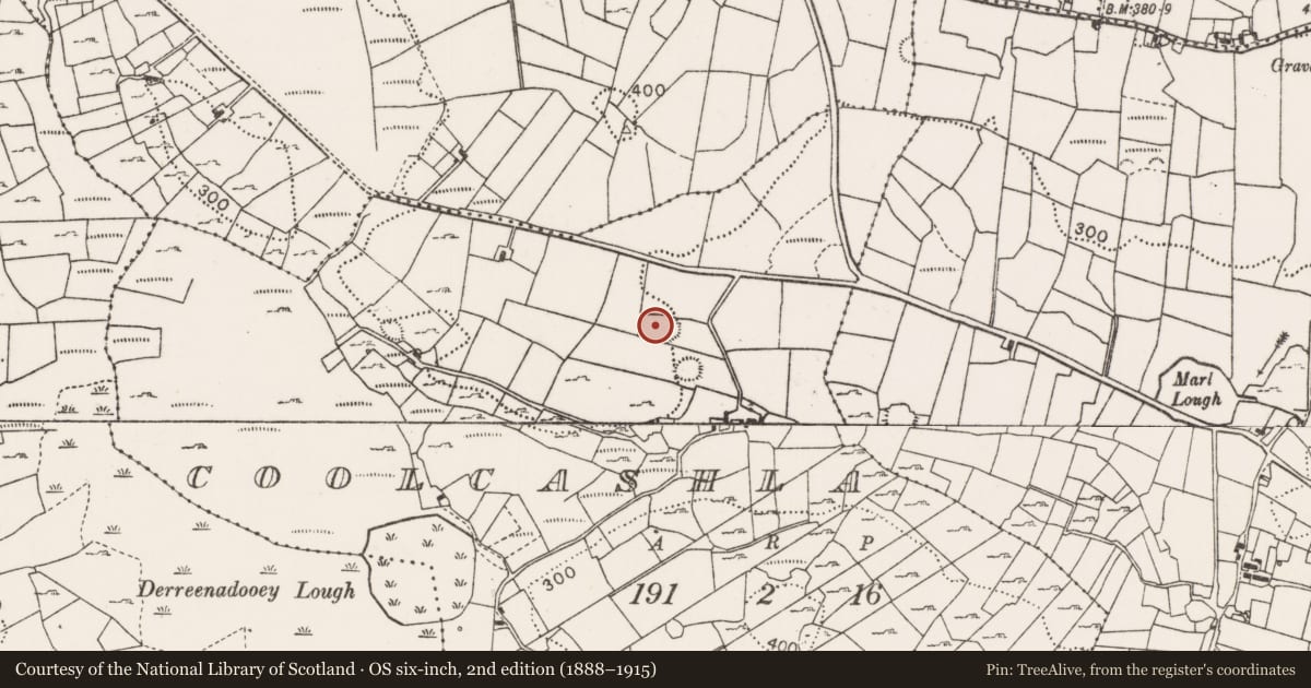Ordnance Survey six-inch map, 2nd edition (1888–1915) covering the location of Enclosure, Coolcashla, County Mayo, with a pin at the register's coordinates