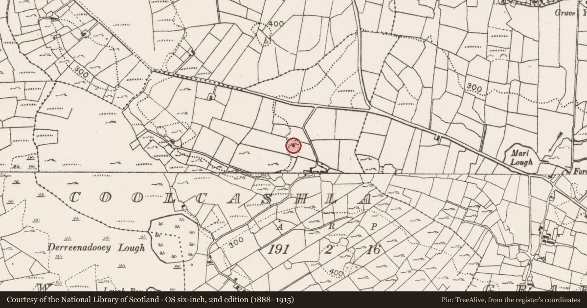 Ordnance Survey six-inch map, 2nd edition (1888–1915) covering the location of Souterrain, Coolcashla, County Mayo, with a pin at the register's coordinates