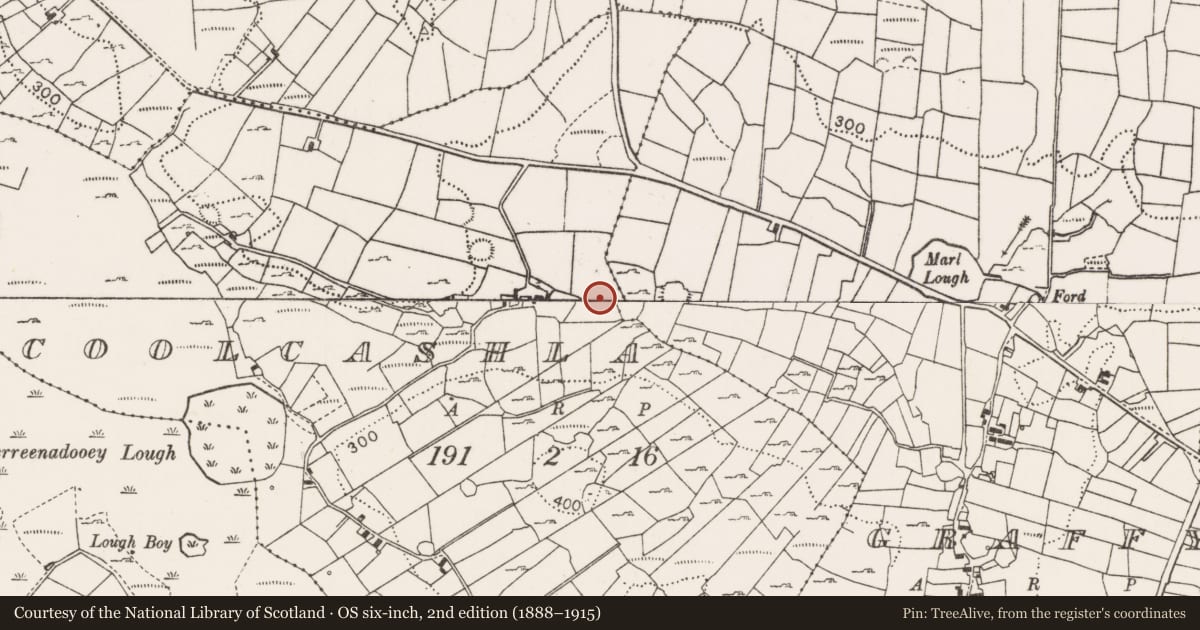 Ordnance Survey six-inch map, 2nd edition (1888–1915) covering the location of Enclosure, Coolcashla, County Mayo, with a pin at the register's coordinates