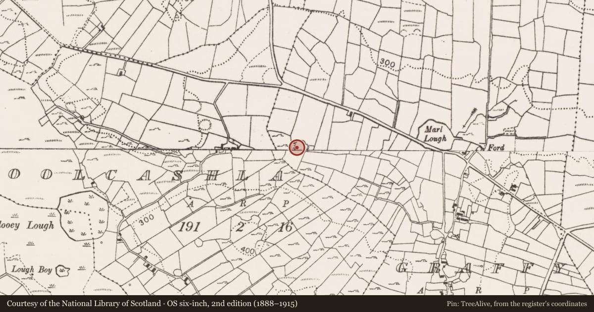 Ordnance Survey six-inch map, 2nd edition (1888–1915) covering the location of Ringfort - cashel, Graffy (Gallen By., Killasser Par.), County Mayo, with a pin at the register's coordinates