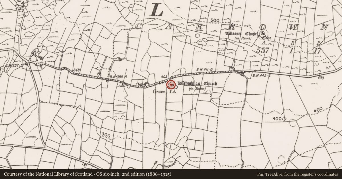 Ordnance Survey six-inch map, 2nd edition (1888–1915) covering the location of Church, Graffy (Gallen By., Killasser Par.), County Mayo, with a pin at the register's coordinates
