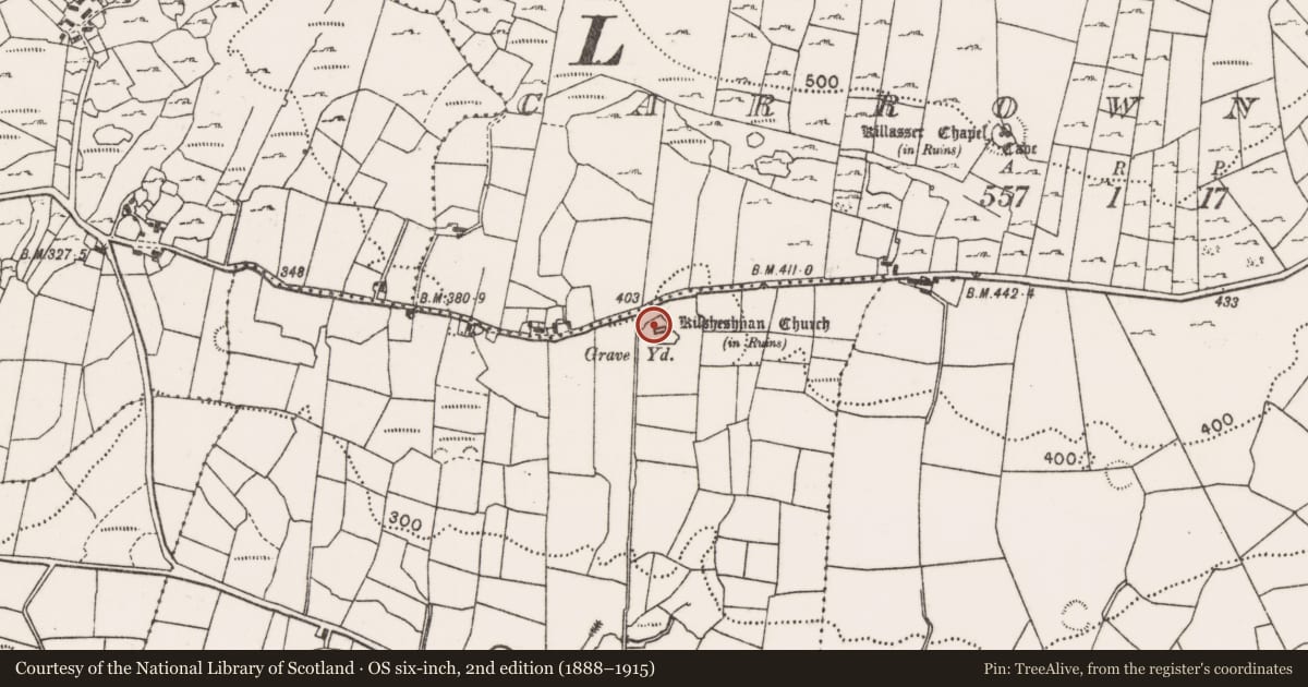 Ordnance Survey six-inch map, 2nd edition (1888–1915) covering the location of Graveyard, Graffy (Gallen By., Killasser Par.), County Mayo, with a pin at the register's coordinates