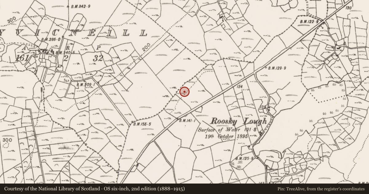 Ordnance Survey six-inch map, 2nd edition (1888–1915) covering the location of Burial mound, Roosky, County Mayo, with a pin at the register's coordinates