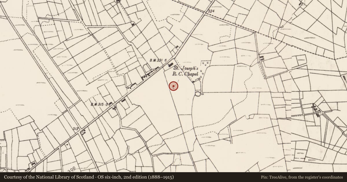 Ordnance Survey six-inch map, 2nd edition (1888–1915) covering the location of Moated site, Roosky (Costello By., Kilbeagh Par.), County Mayo, with a pin at the register's coordinates