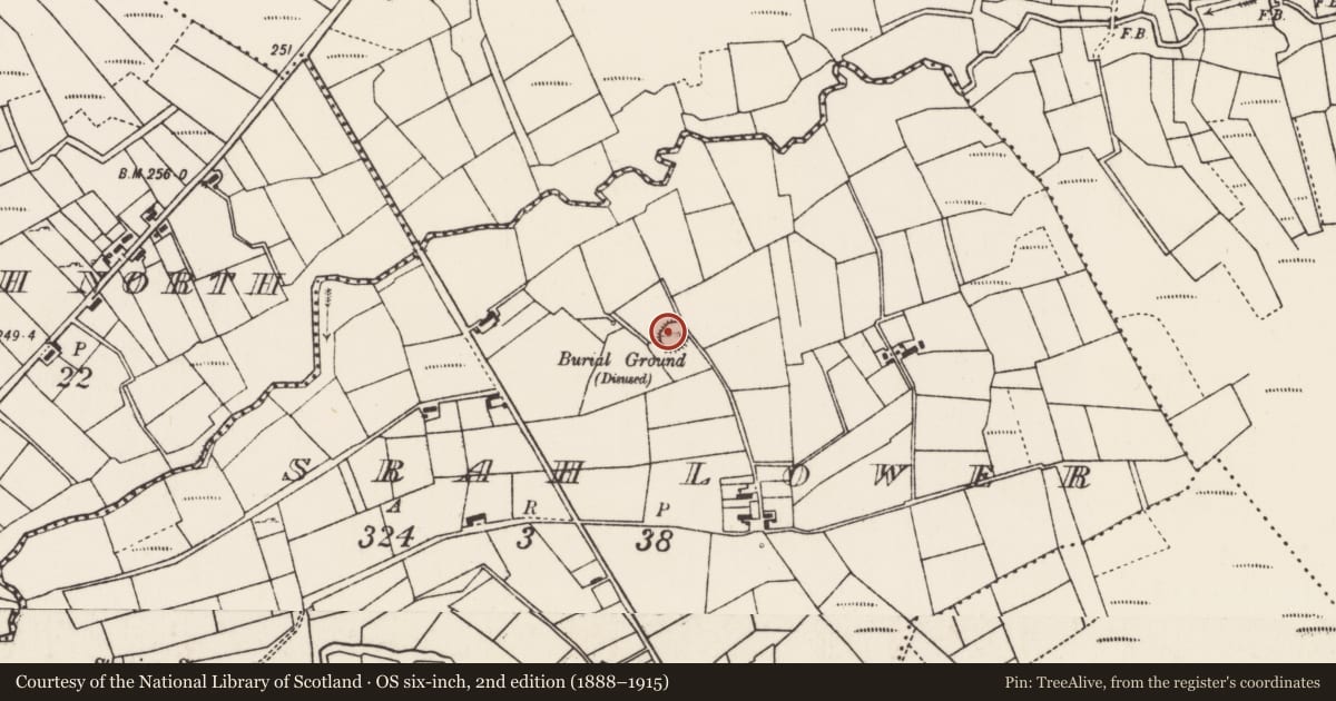 Ordnance Survey six-inch map, 2nd edition (1888–1915) covering the location of Burial ground, Srah Lower, County Mayo, with a pin at the register's coordinates