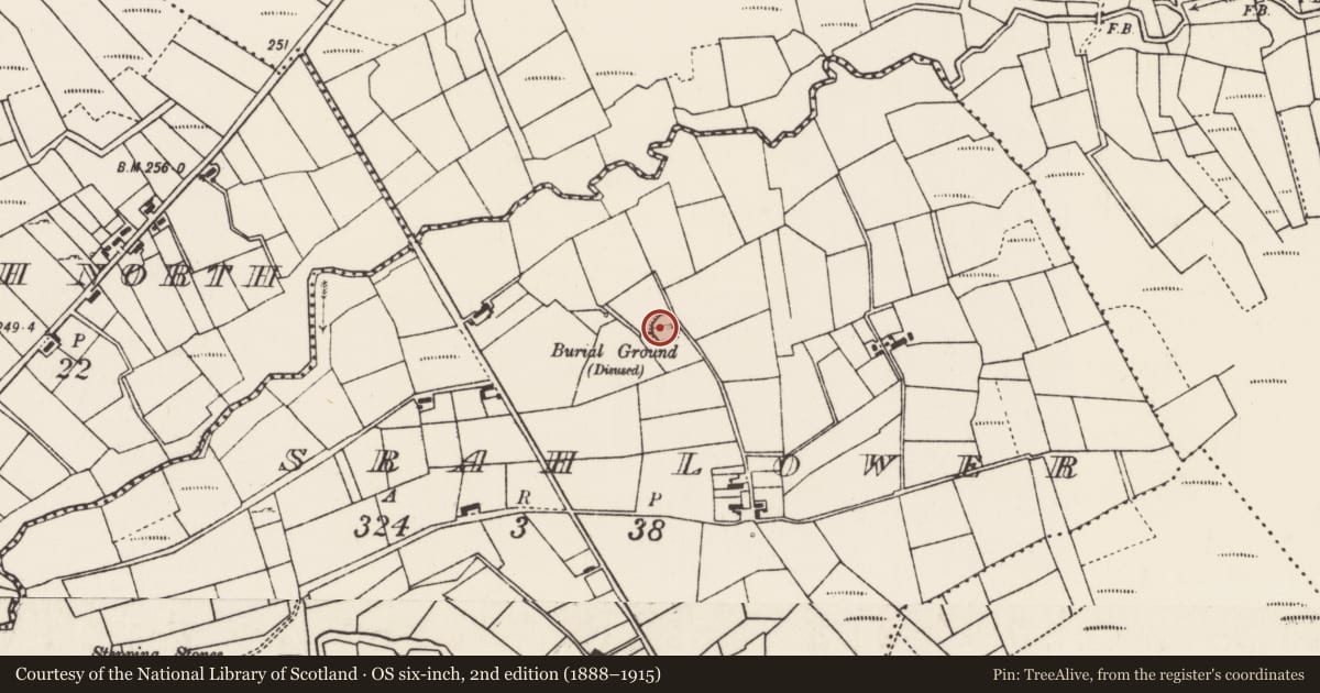 Ordnance Survey six-inch map, 2nd edition (1888–1915) covering the location of Souterrain, Srah Lower, County Mayo, with a pin at the register's coordinates