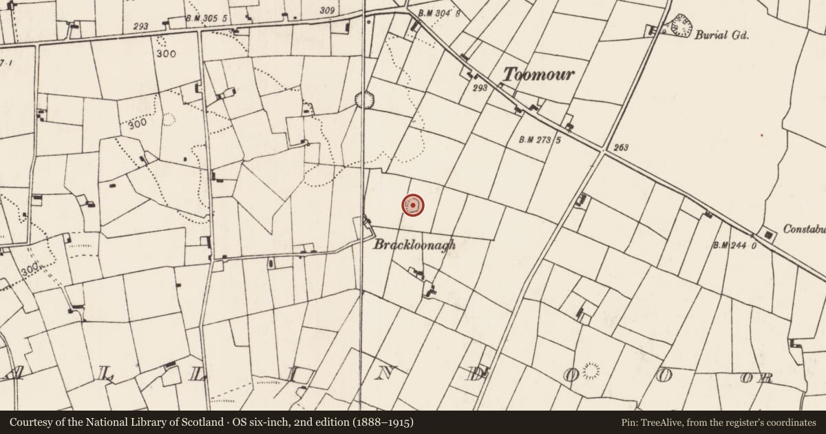 Ordnance Survey six-inch map, 2nd edition (1888–1915) covering the location of Enclosure, Ballindoo Or Doocastle, County Mayo, with a pin at the register's coordinates