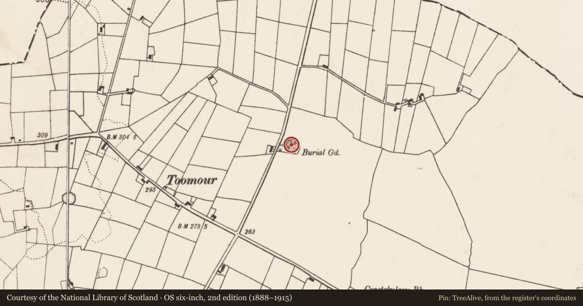Ordnance Survey six-inch map, 2nd edition (1888–1915) covering the location of Burial ground, Ballindoo Or Doocastle, County Mayo, with a pin at the register's coordinates