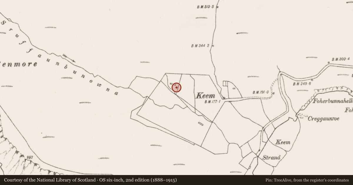 Ordnance Survey six-inch map, 2nd edition (1888–1915) covering the location of House - indeterminate date, Keel West, County Mayo, with a pin at the register's coordinates