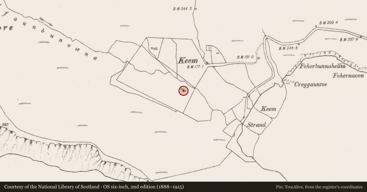 Ordnance Survey six-inch map, 2nd edition (1888–1915) covering the location of House - indeterminate date, Keel West, County Mayo, with a pin at the register's coordinates