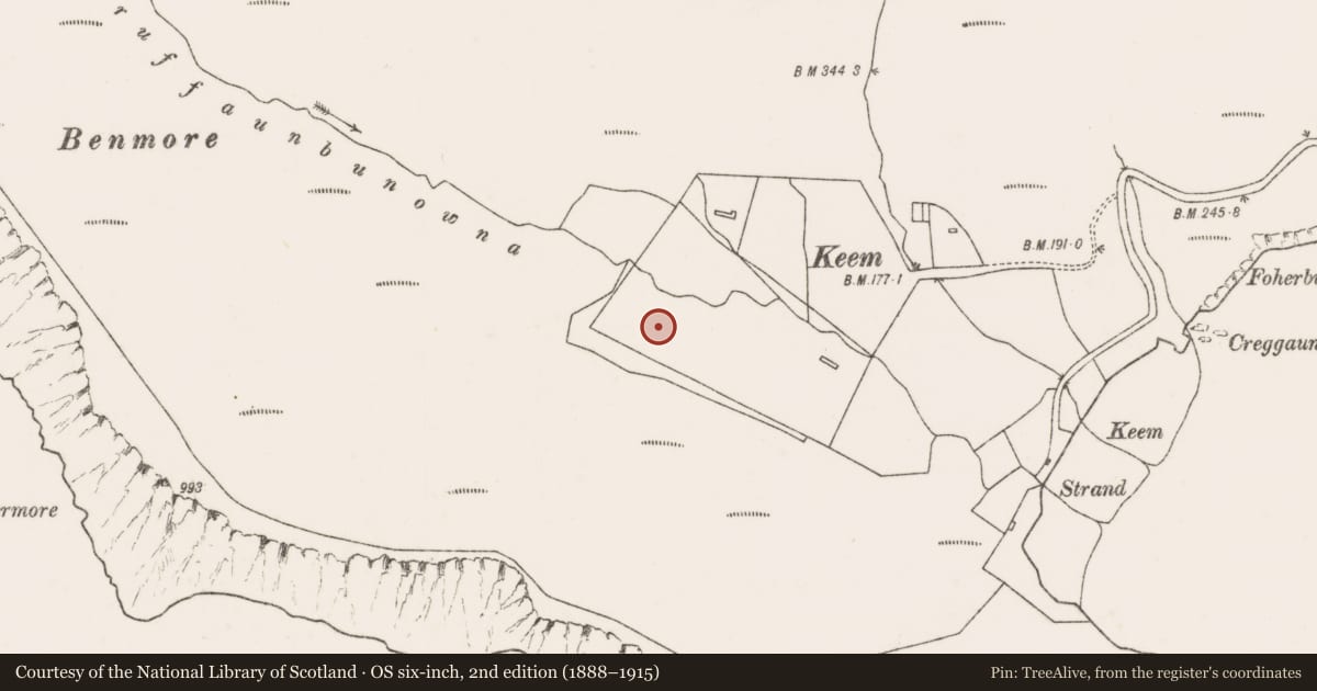 Ordnance Survey six-inch map, 2nd edition (1888–1915) covering the location of Ogham stone, Keel West, County Mayo, with a pin at the register's coordinates