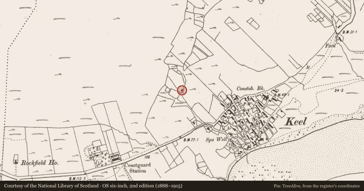 Ordnance Survey six-inch map, 2nd edition (1888–1915) covering the location of Enclosure, Keel East, County Mayo, with a pin at the register's coordinates