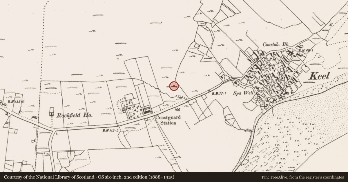 Ordnance Survey six-inch map, 2nd edition (1888–1915) covering the location of Road - road/trackway, Keel East, County Mayo, with a pin at the register's coordinates