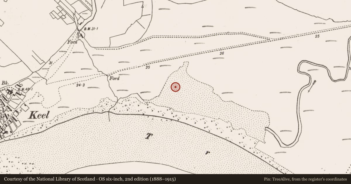 Ordnance Survey six-inch map, 2nd edition (1888–1915) covering the location of Midden, Keel East, County Mayo, with a pin at the register's coordinates