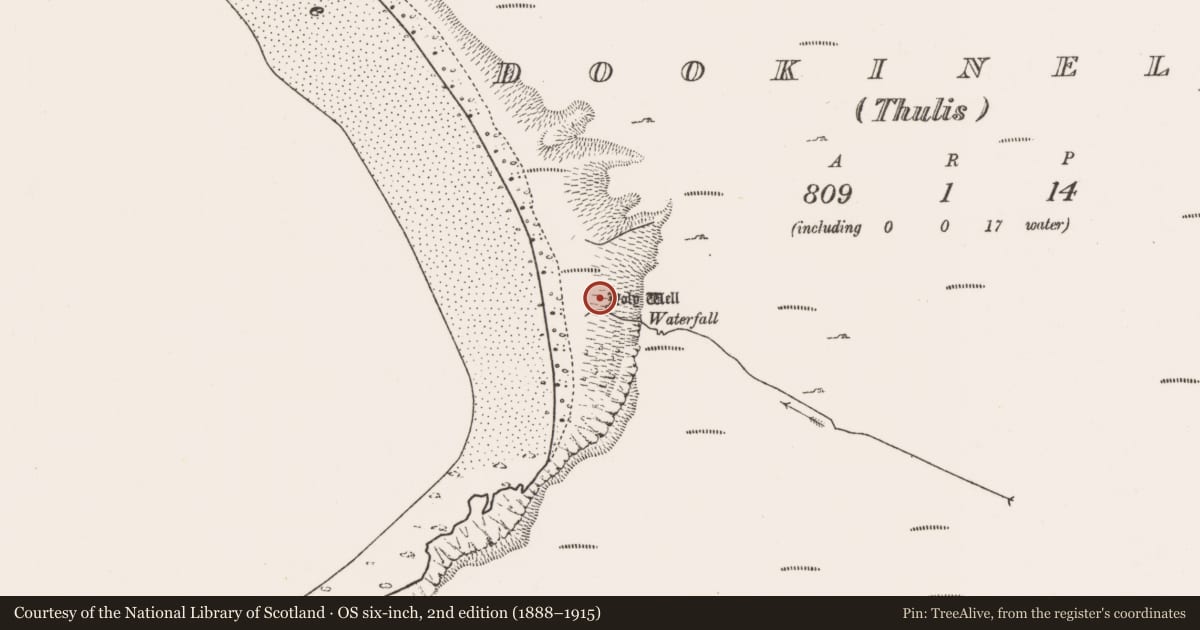Ordnance Survey six-inch map, 2nd edition (1888–1915) covering the location of Ritual site - holy well, Dookinelly (Thulis), County Mayo, with a pin at the register's coordinates