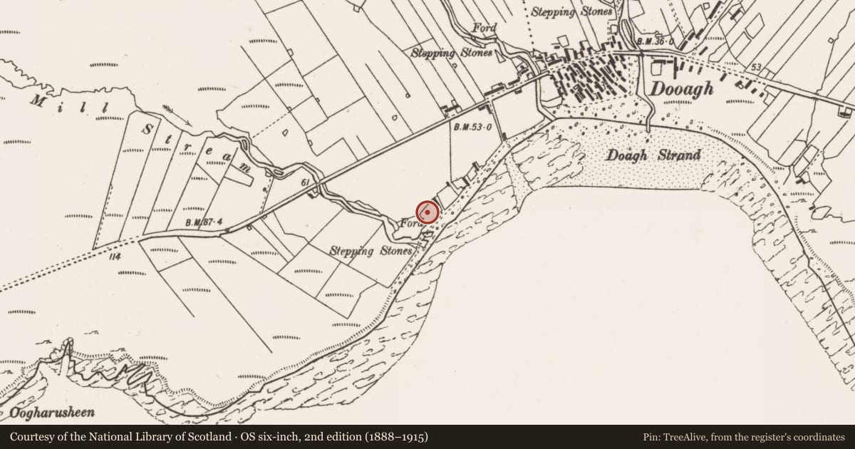 Ordnance Survey six-inch map, 2nd edition (1888–1915) covering the location of House - indeterminate date, Keel West, County Mayo, with a pin at the register's coordinates