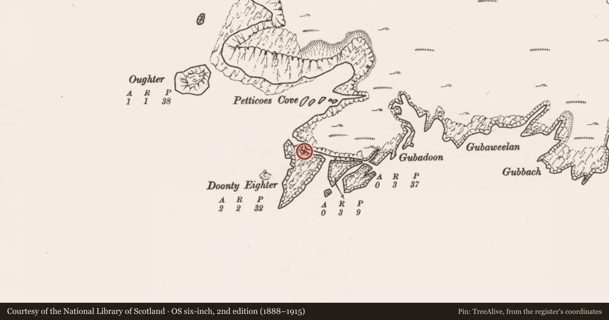 Ordnance Survey six-inch map, 2nd edition (1888–1915) covering the location of Promontory fort - coastal, Dumha Éige, County Mayo, with a pin at the register's coordinates