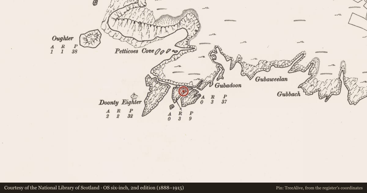 Ordnance Survey six-inch map, 2nd edition (1888–1915) covering the location of Hut site, Dumha Éige, County Mayo, with a pin at the register's coordinates